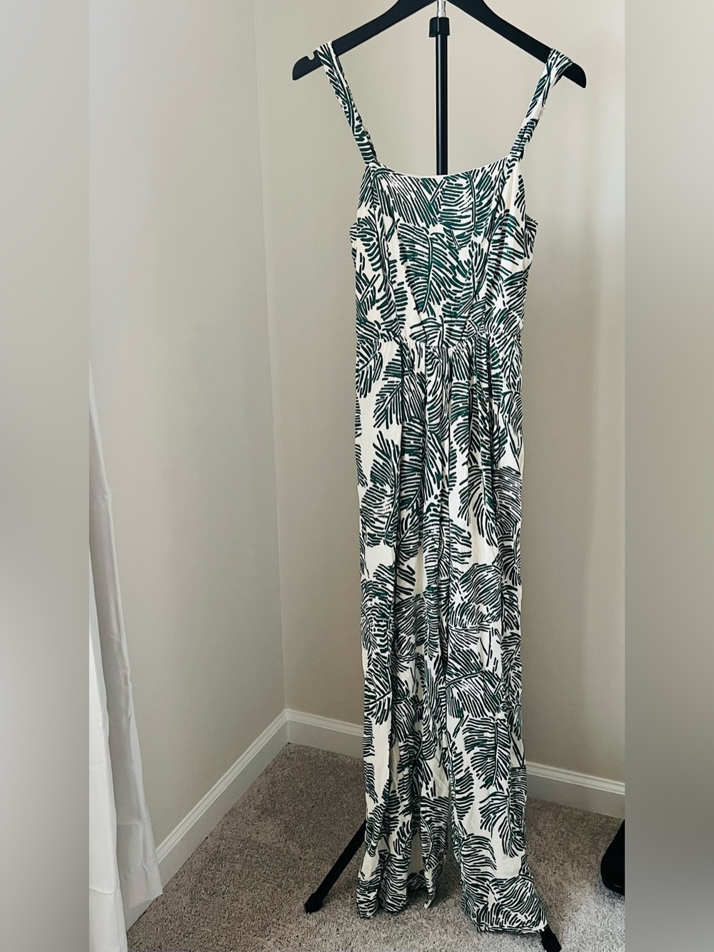 Luxology Cream Jumpsuit with Green Tropical Leaf Print - Picture 2 of 7